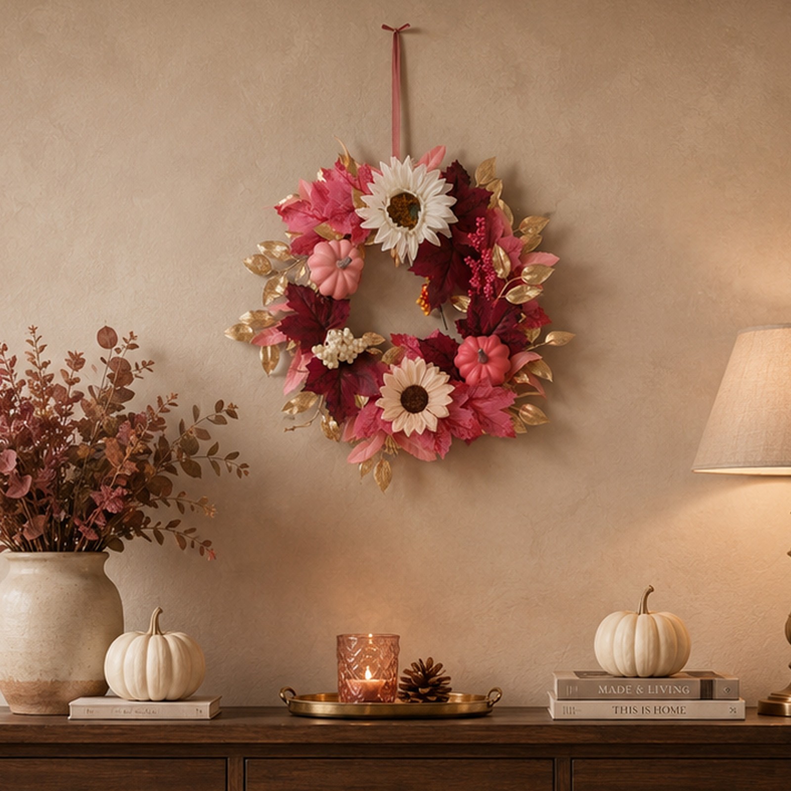 15.75in Artificial For Autumn Wreath Pastel Pink Theme with Pumpkins Sunflowers