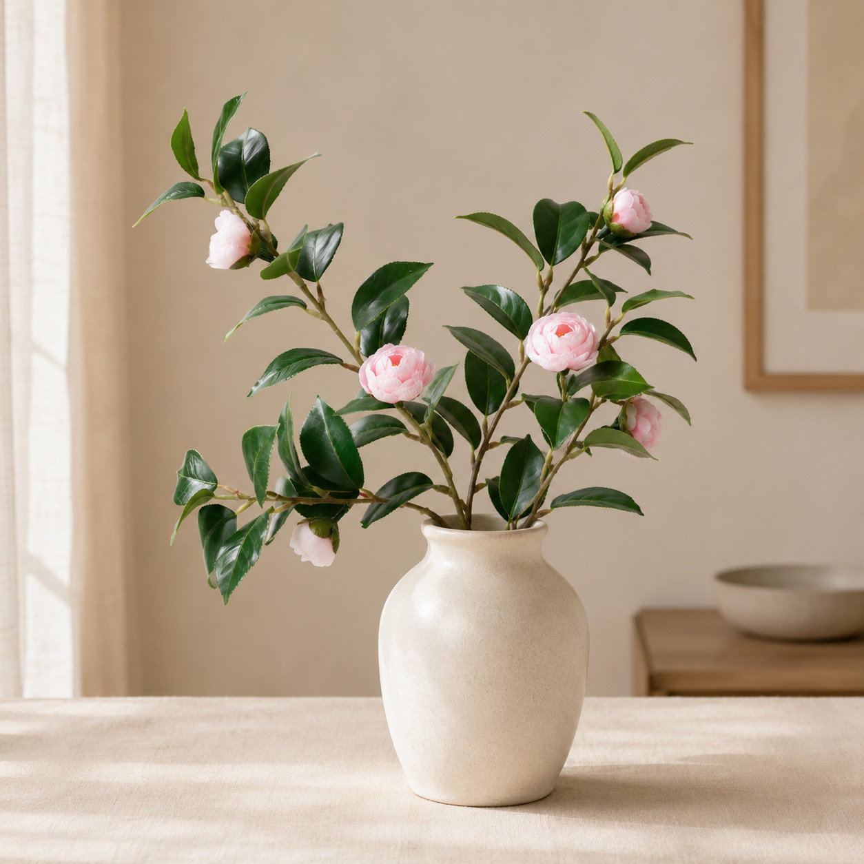 Set of 2 Artificial Camellia Stems Pink Faux Flower Branches Floral Home Decor