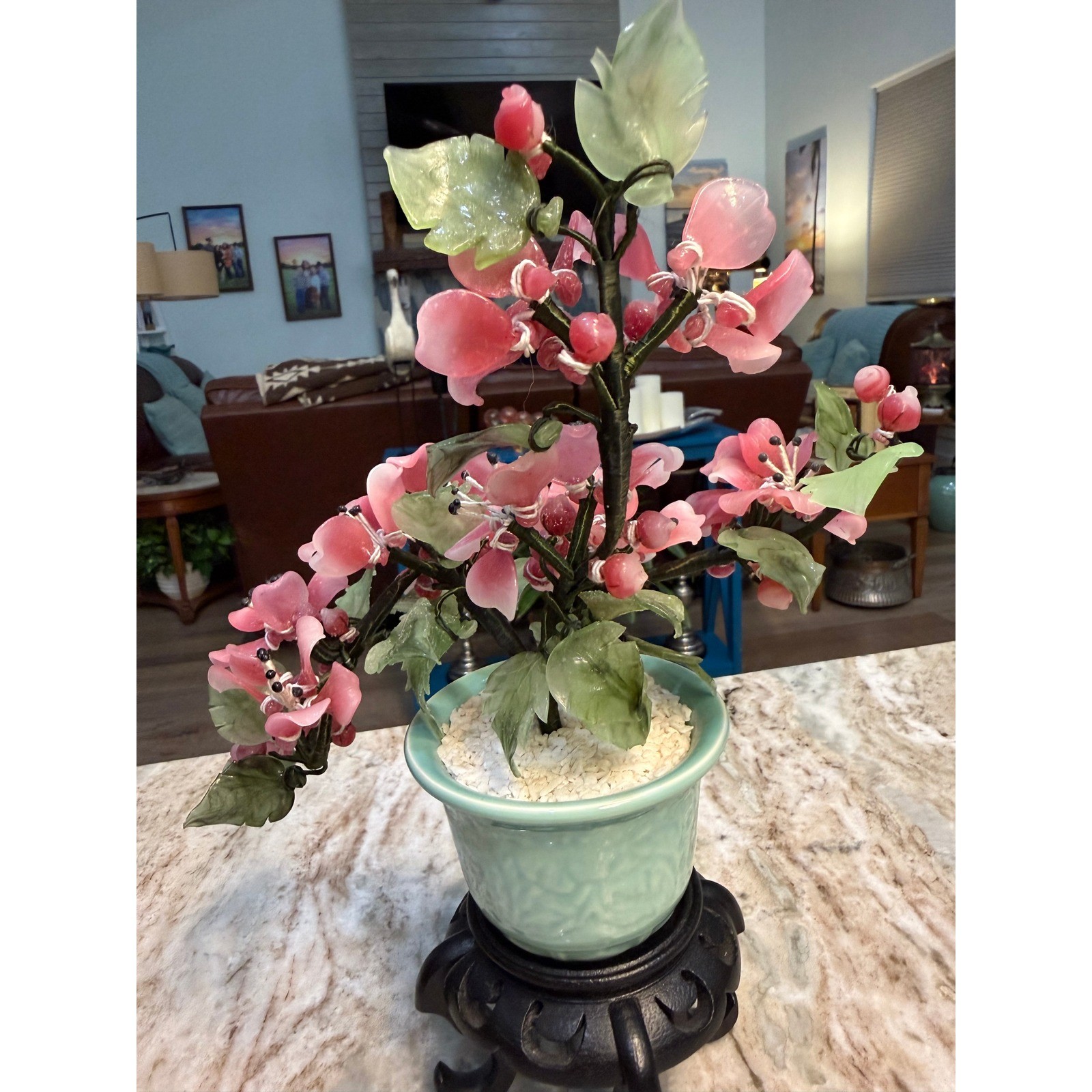 Vintage Chinese Glass Bonsai Tree Pink Cherry Blossom Celadon Pot Wood Stand