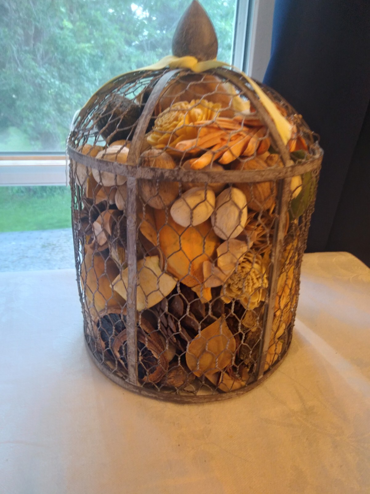 Bird Cage Filled With Gourds, Nuts, Pinecones, Dried Fruit, Twin Balls, Flowers