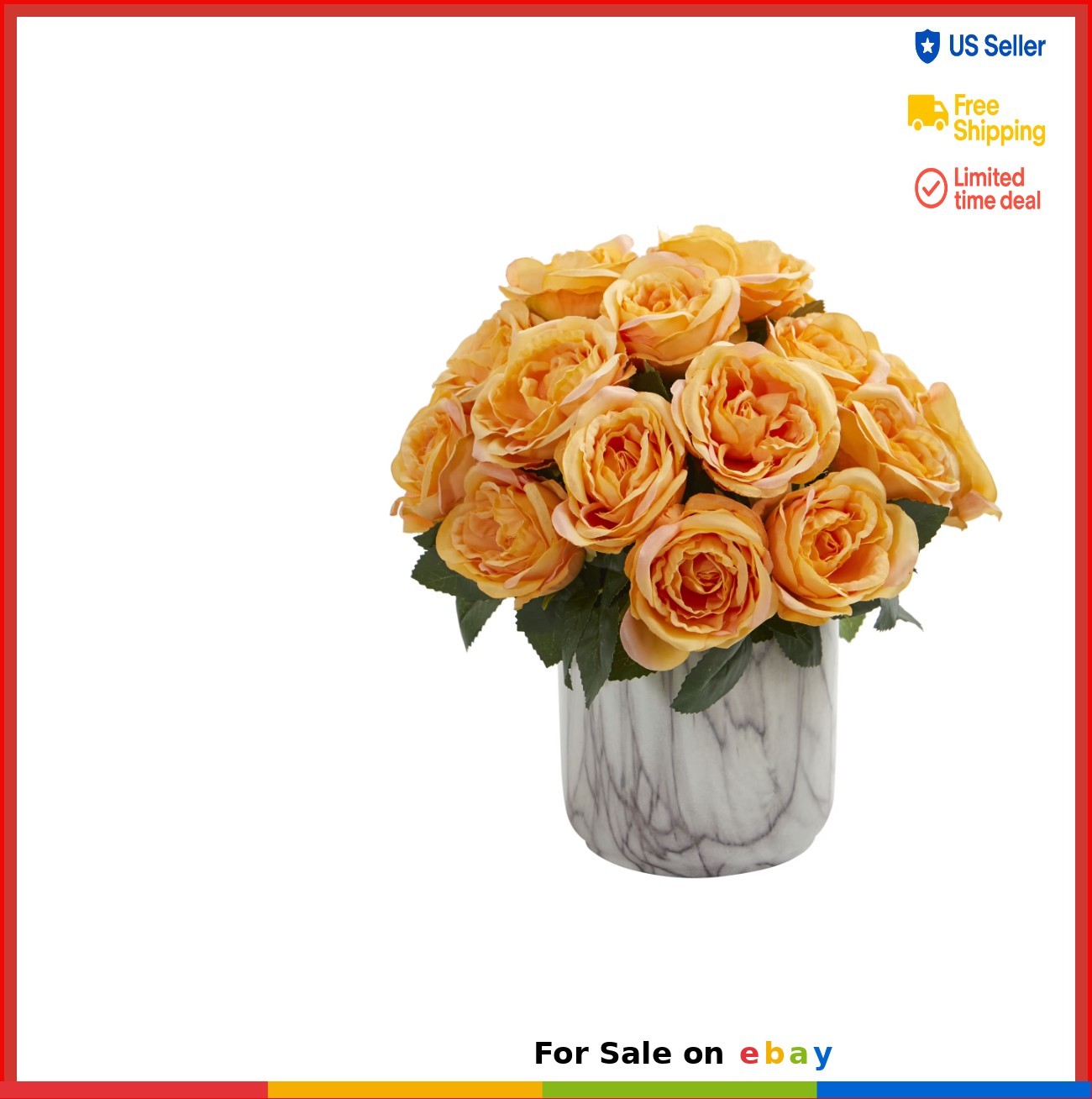 Artificial Yellow Rose Flower Arrangement in Marble Finish Vase Home Decor