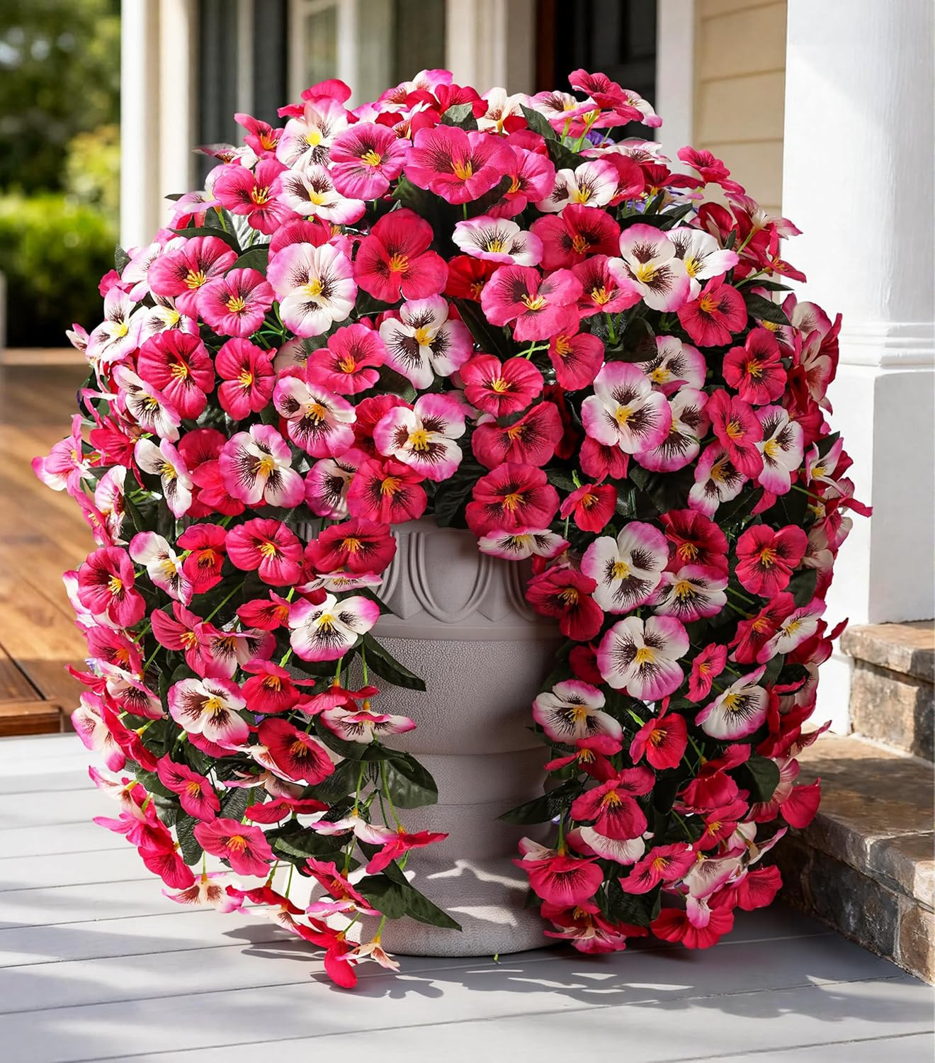 4Pcs Artificial Flowers for Outdoors Fake Pansy with Hanging Basket UV Resistant