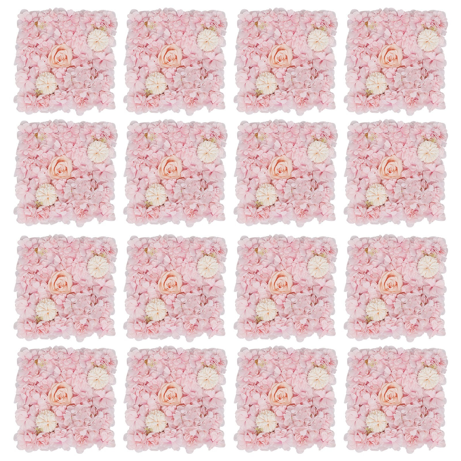 16 PCS Flower Wall Panels Light Pink Square Artificial Flowers Wall Decoration