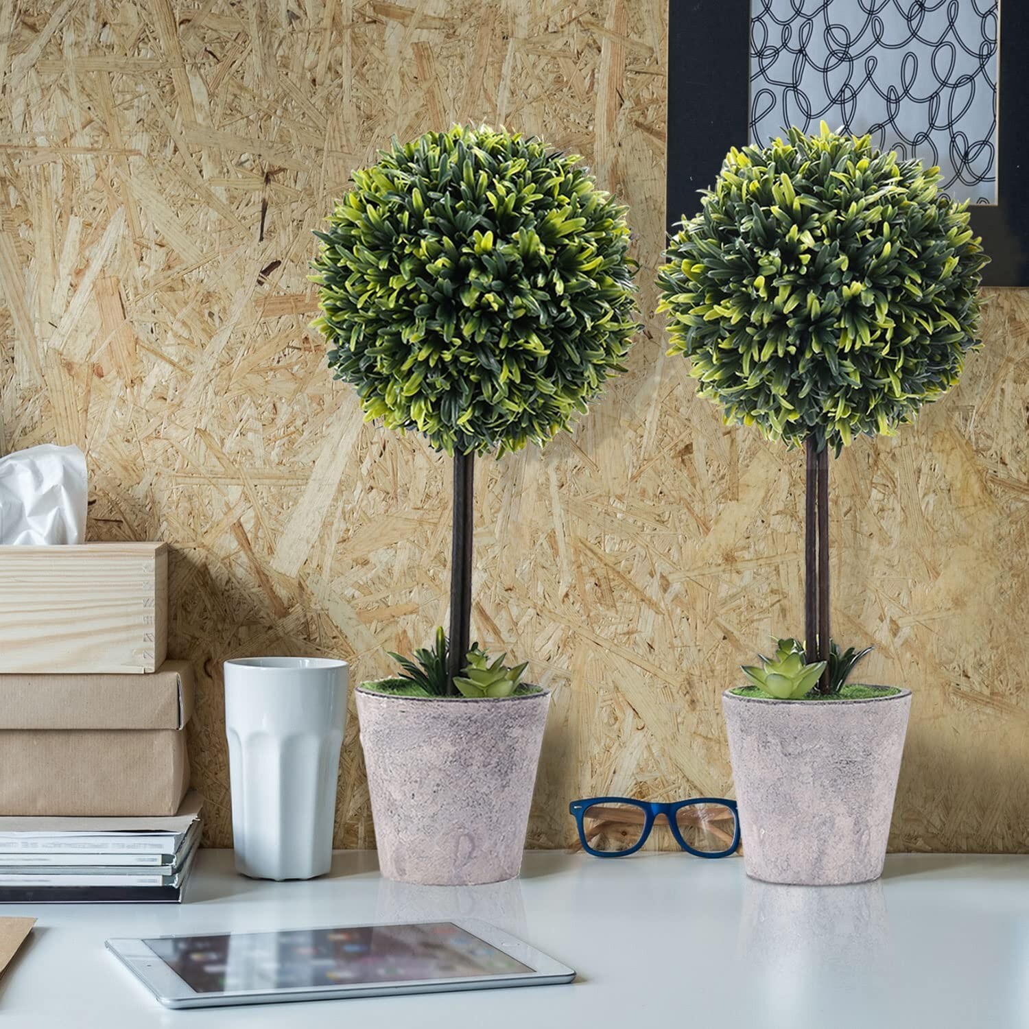 MyGift Artificial Boxwood Topiary Tree in Modern Gray Pulp Planter, Set of 2