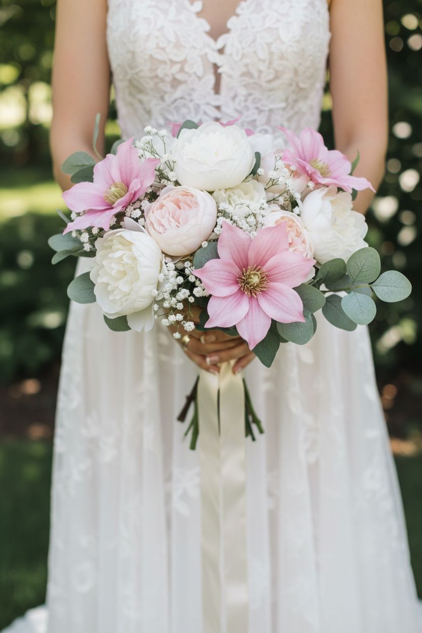 Light Pink Clematis Stem Faux Flower Spray 28 Inch Artificial Floral Stem Cottag