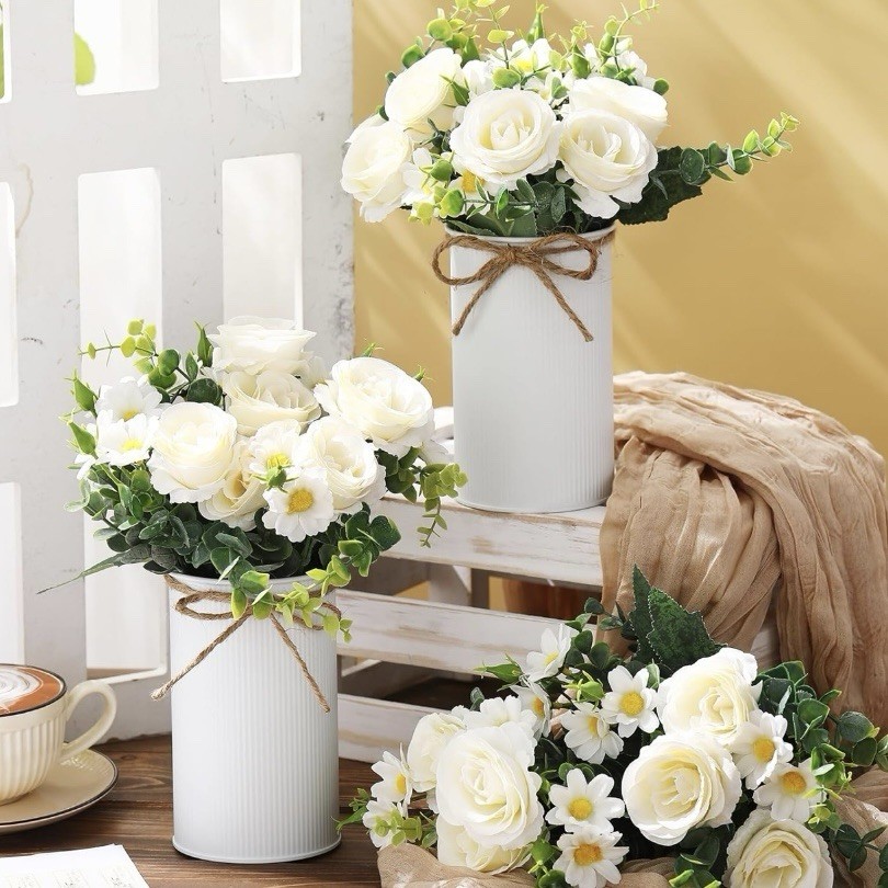White Rose Centerpiece with Vase Set of 6 Table Decor Wedding Party Artificial