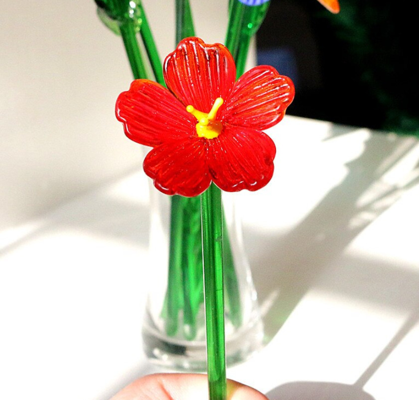 Luxe Handmade Colored Glass Flower Art Long Stem Floral Home Decor Romantic Gift