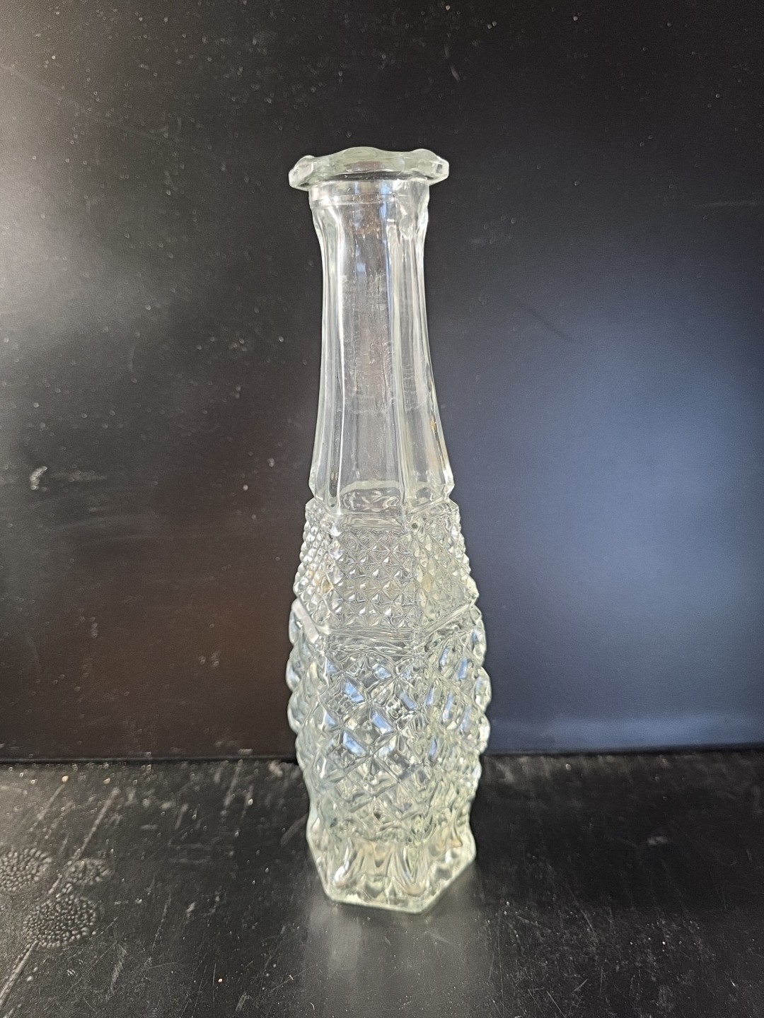 Vtg Indiana Glass Diamond Point Clear Bud Vase 8″ Hexagon Base MCM Pressed Glass