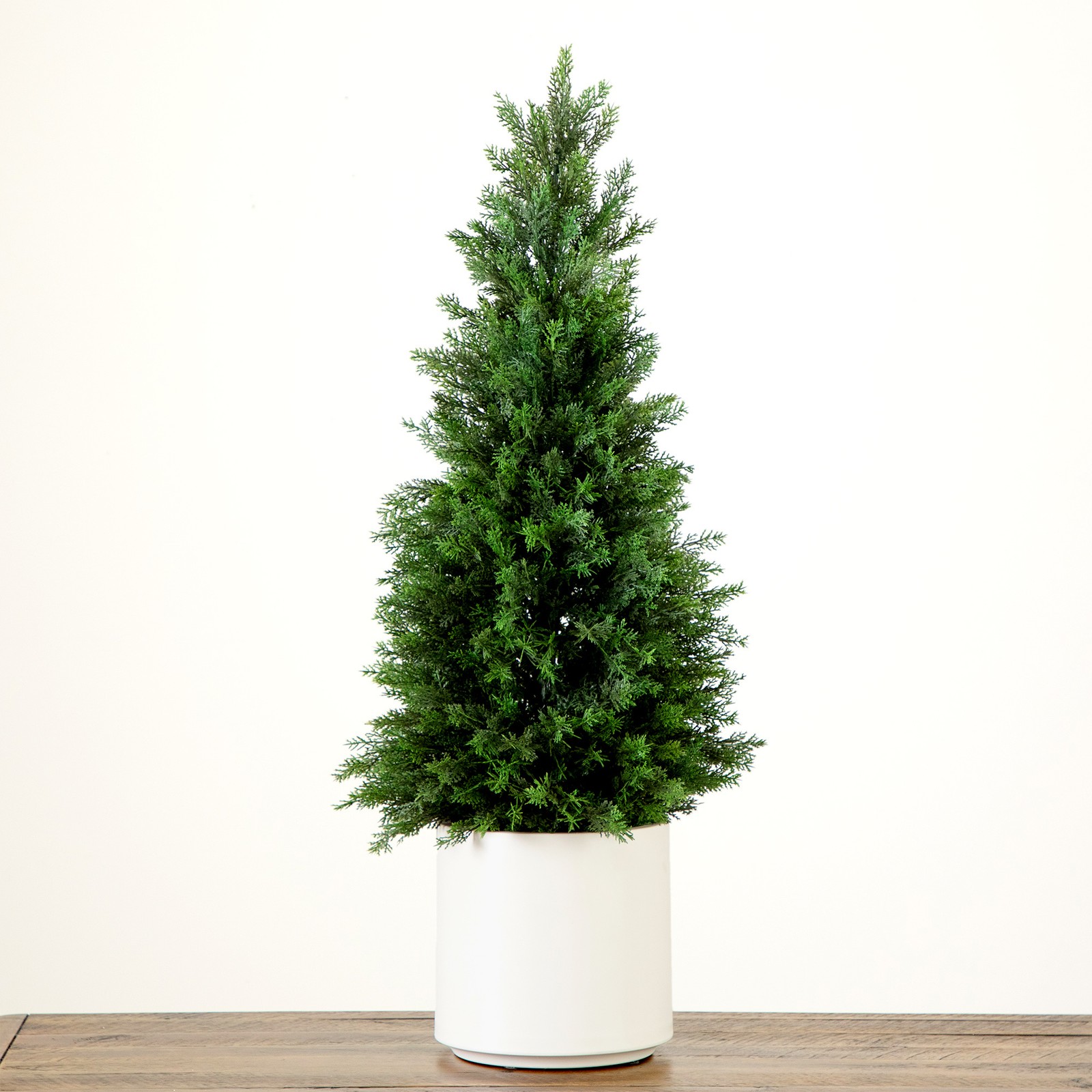 Nearly Natural 3ft UV Resistant Cedar Tree in White Planter in Green