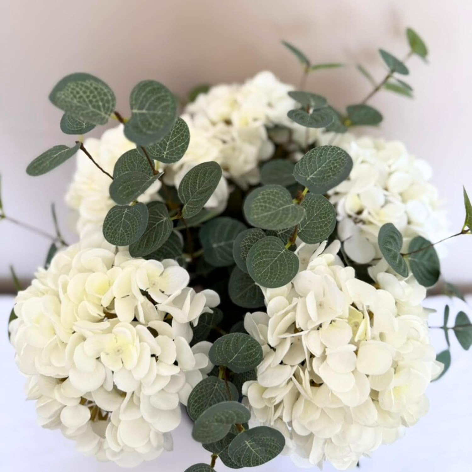 Real Touch White Faux Hydrangea and Eucalyptus Arrangement, Faux Floral Arrangem
