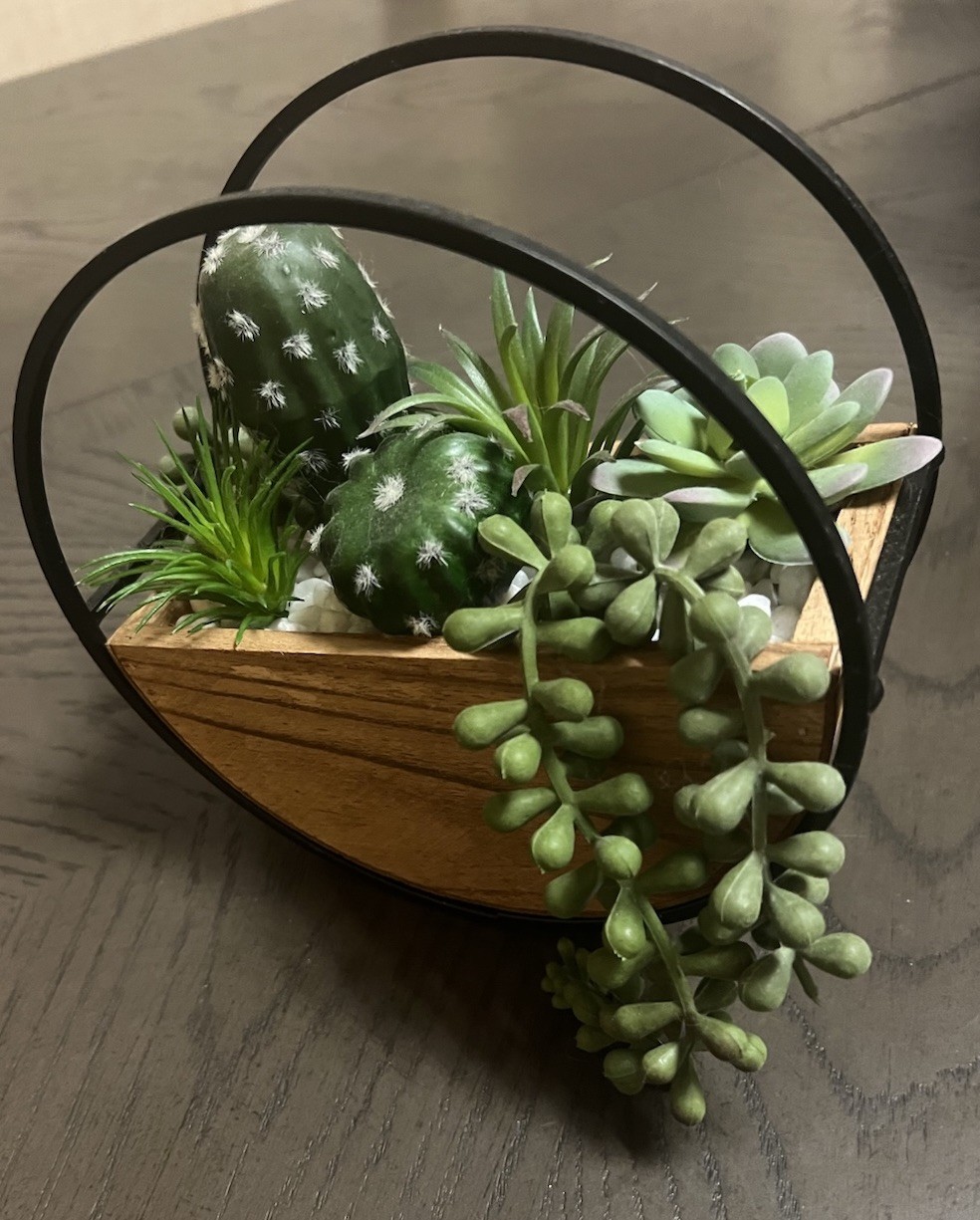 faux succulents in Wood And Metal Planter. Wall Hanging