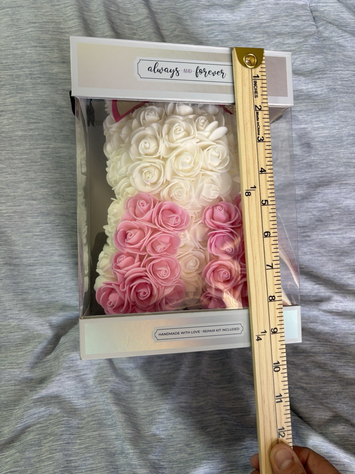 Artificial Foam Rose Bear Unicorn Figurine, White Pink Silver Multicolor , 9 in