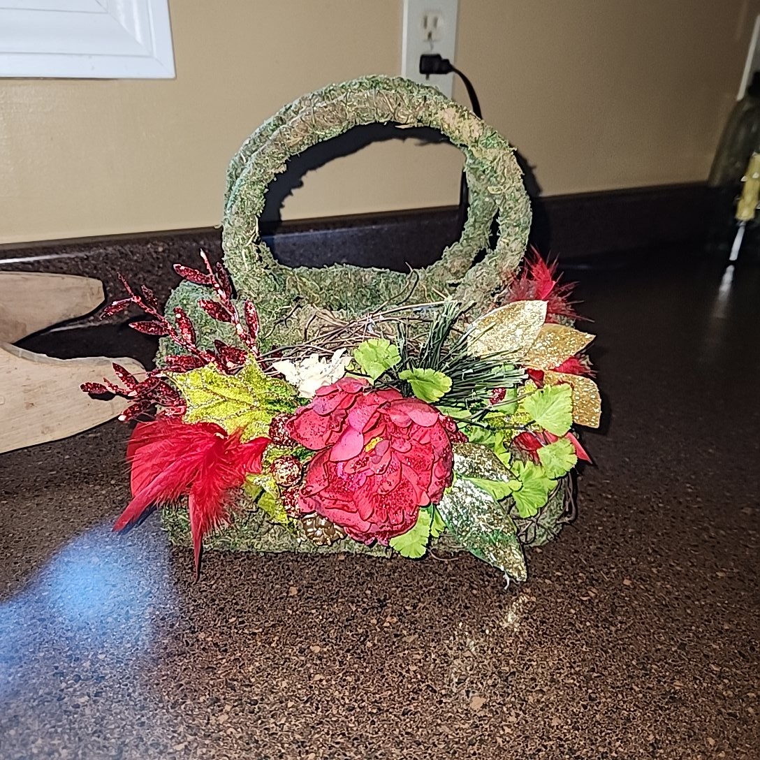 Moss Purse Basket display red floral display piece