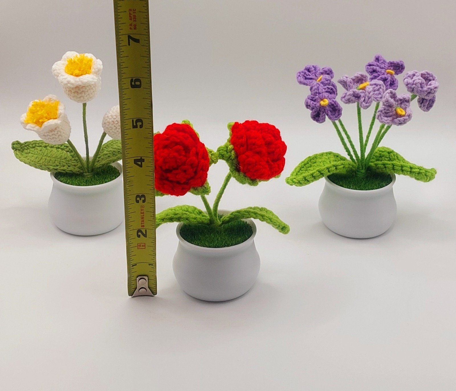 Crocheted Handmade Spring Flowers In Mini Pot W/Grass, Posable~Variety You Pick