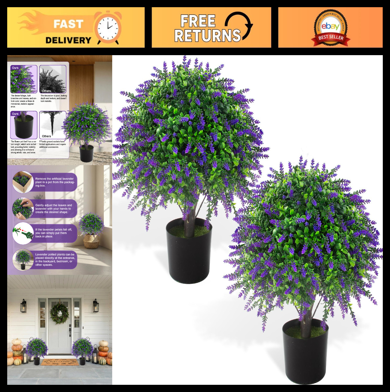 2 Pcs UV Resistant Artificial Lavender Topiary Balls – Potted Purple Plants for