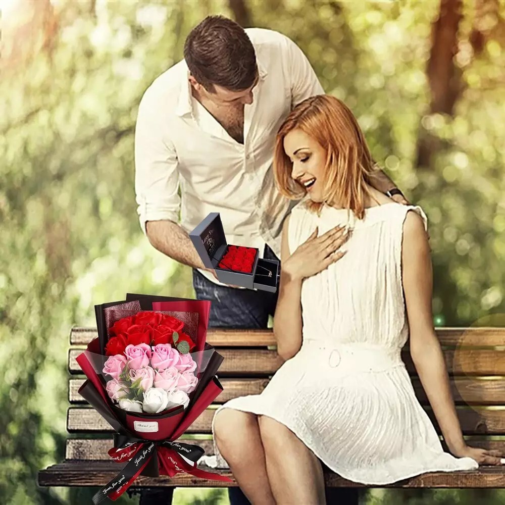Roses Bouquet Artificial Flower – Preserved Red Rose Flowers with Love Necklace
