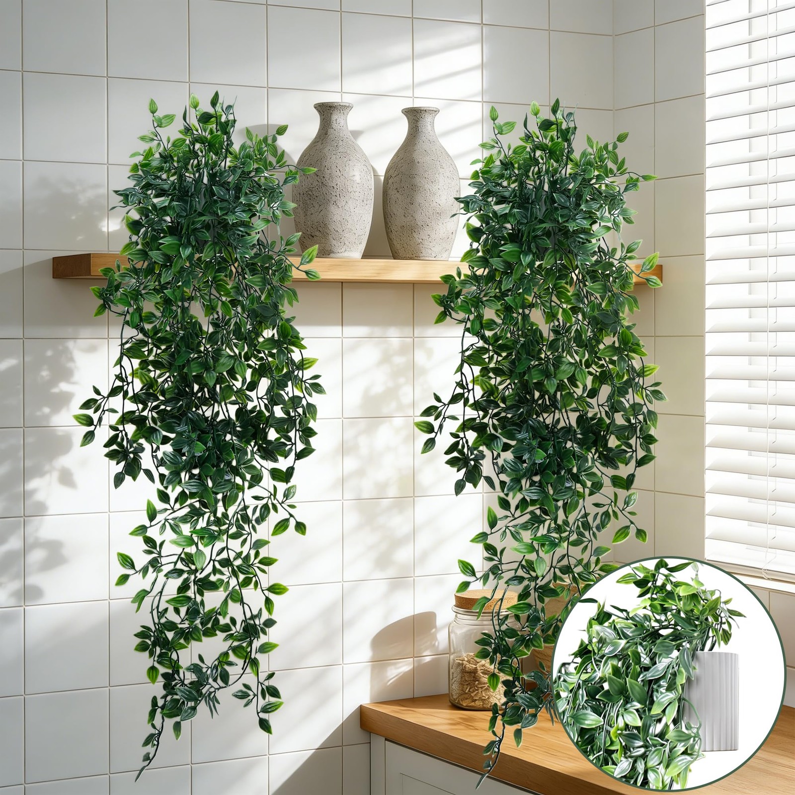 Artificial Hanging Plants for Shelf, 2-Pack Fake Potted Greenery Faux Mandala…