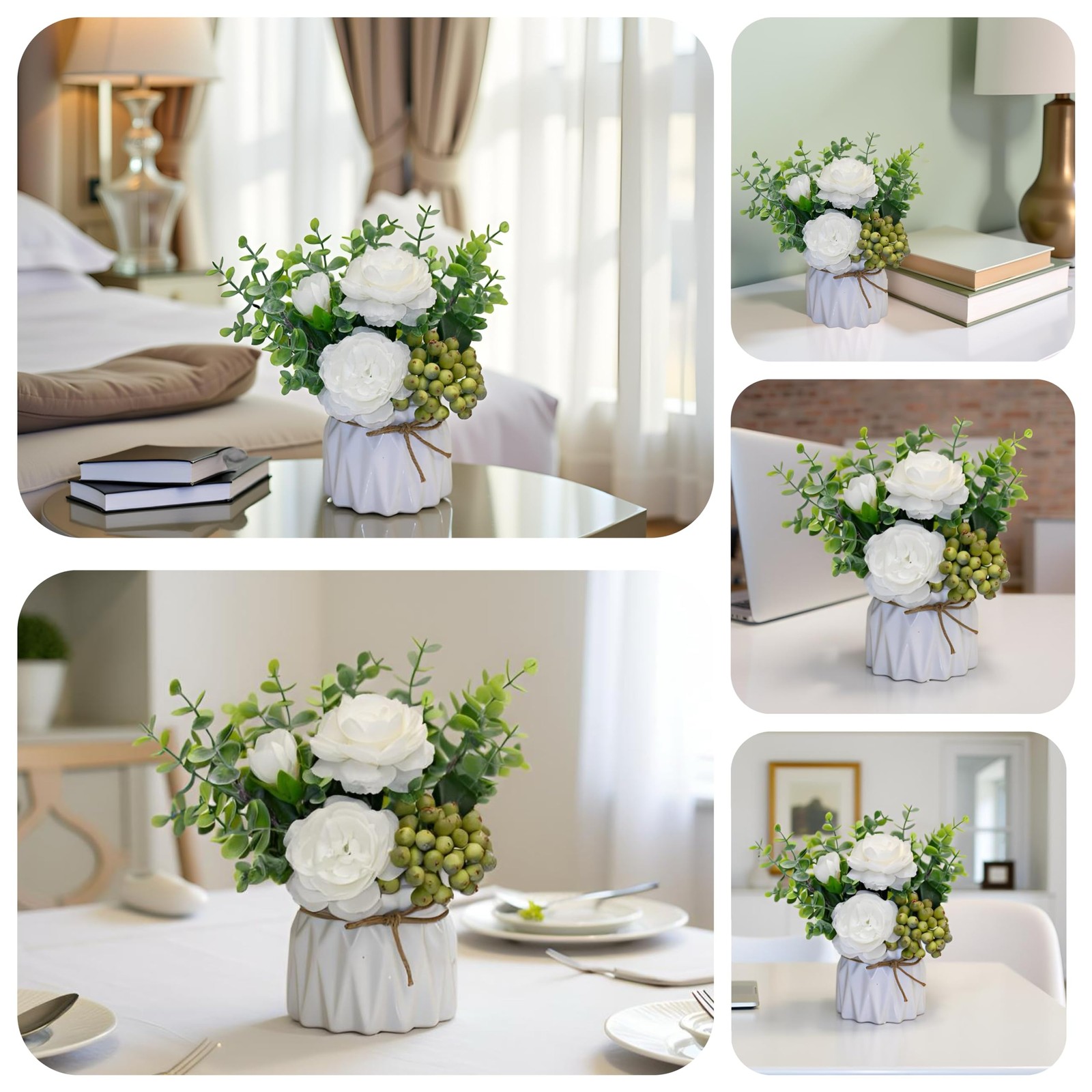 White Peony Artificial Flowers Vase Eucalyptus Green Berries Arrangement