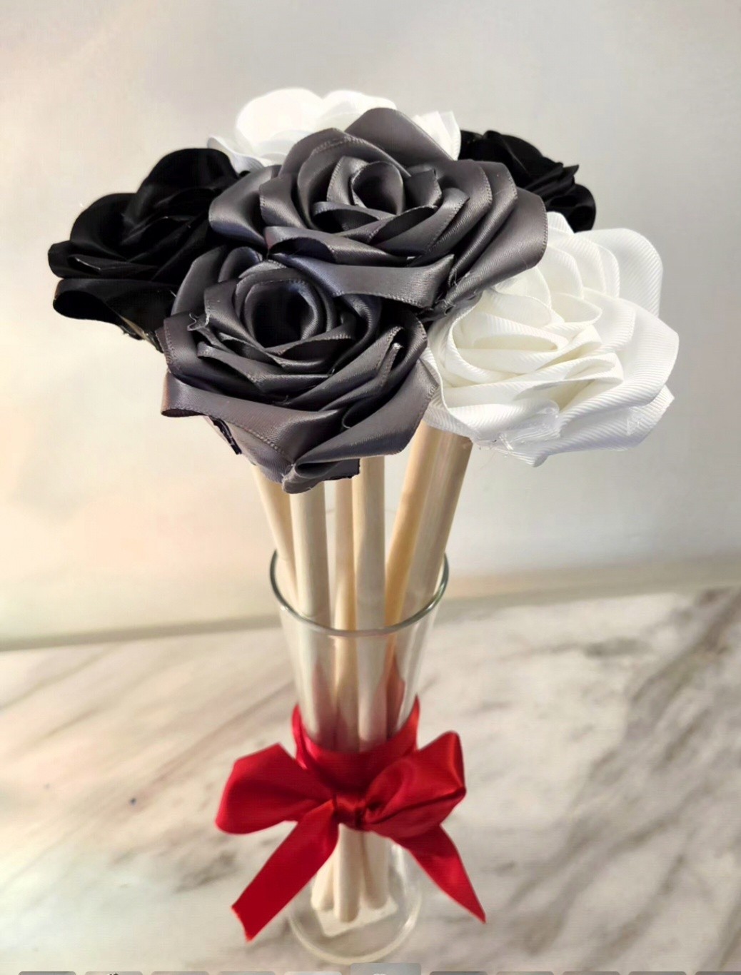 Fabric Homemade Flower Bouquet In Glass Vase With Bow
