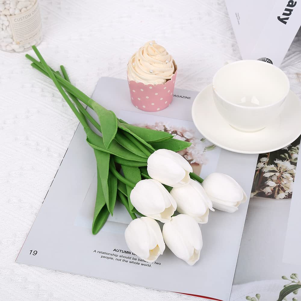 24PCS Artificial White Tulips Real Touch Flowers for Centerpieces Home Decor
