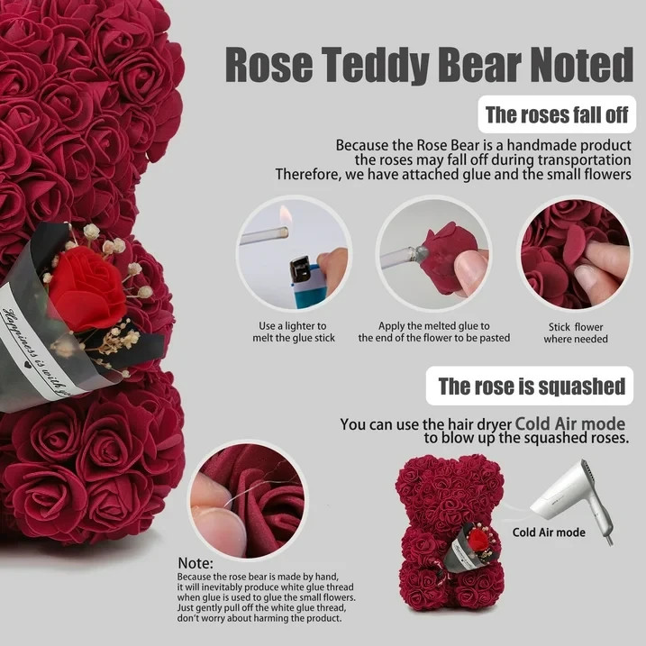 RECUTMS ARTIFICIAL ROSE BEAR VALENTINES DAY GIFT FOR HER, RED *DISTRESSED PKG