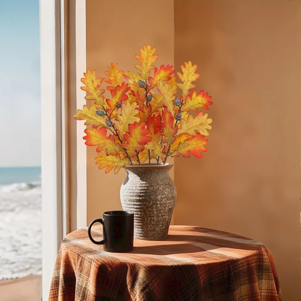 5 Pcs Artificial Fall Oak Leaves Stems 19.6” Fake Autumn Foliage Orange#2