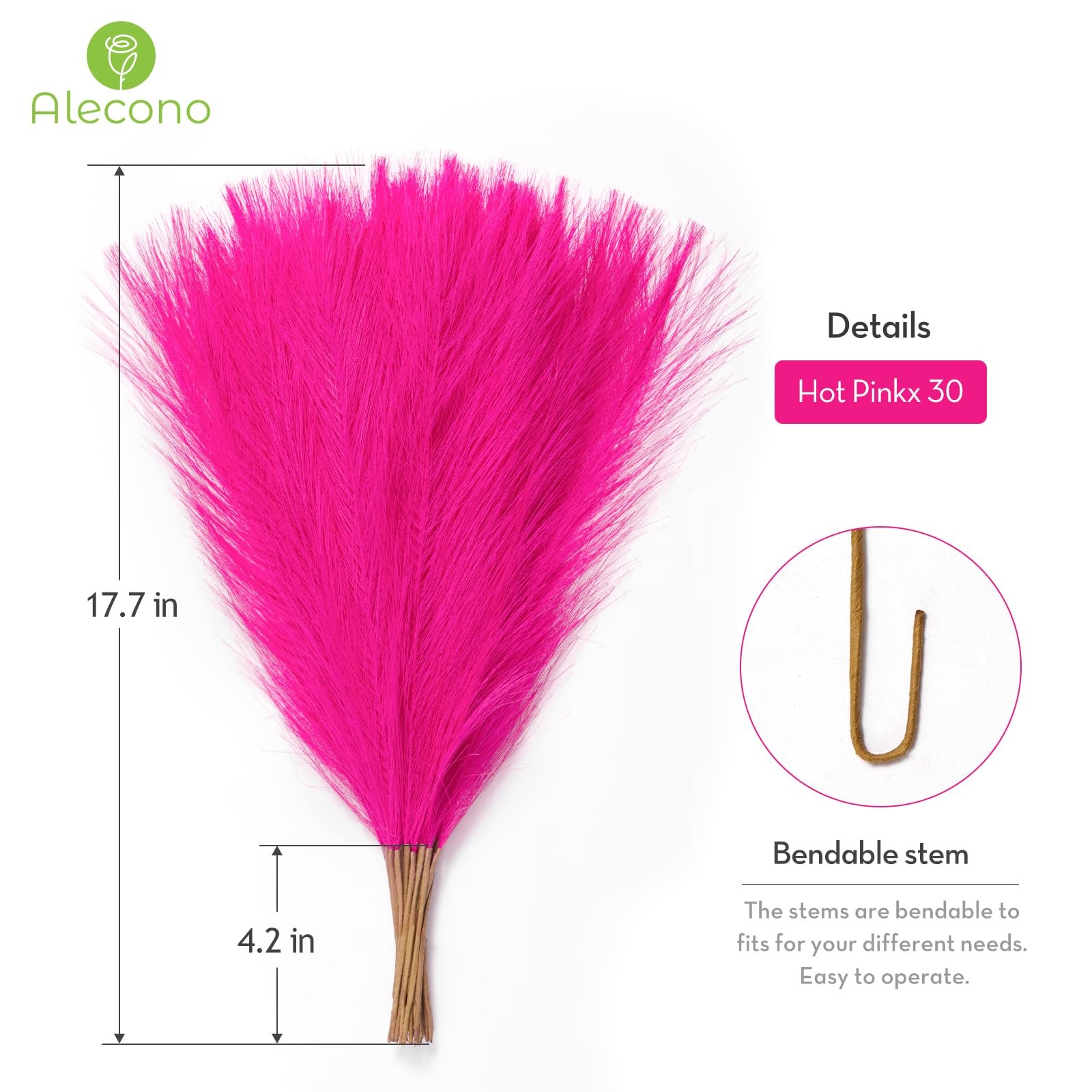 Hot Pink Pampas Grass 17in 𝟯𝟬𝙋𝙘𝙨, Artificial Faux Fluffy Pampas Grass De…