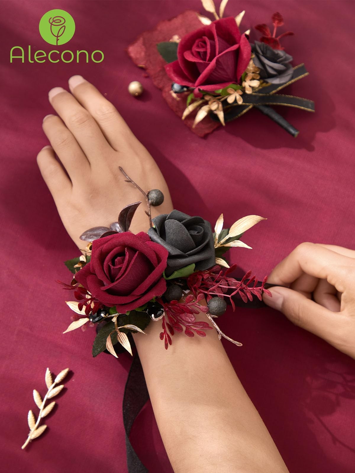 Burgundy Red Black Rose Corsage Boutonniere Set Wristlet Wedding Prom Flower