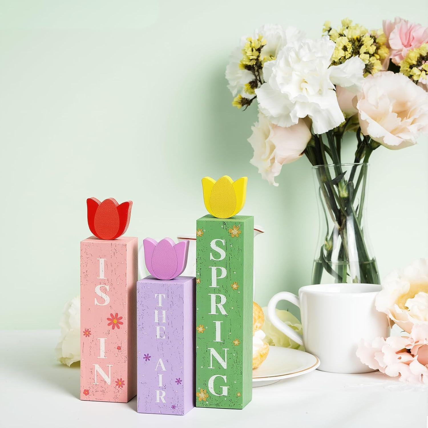 Spring Is In The Air Wooden Sign Set Farmhouse Tiered Tray Decor 3pc