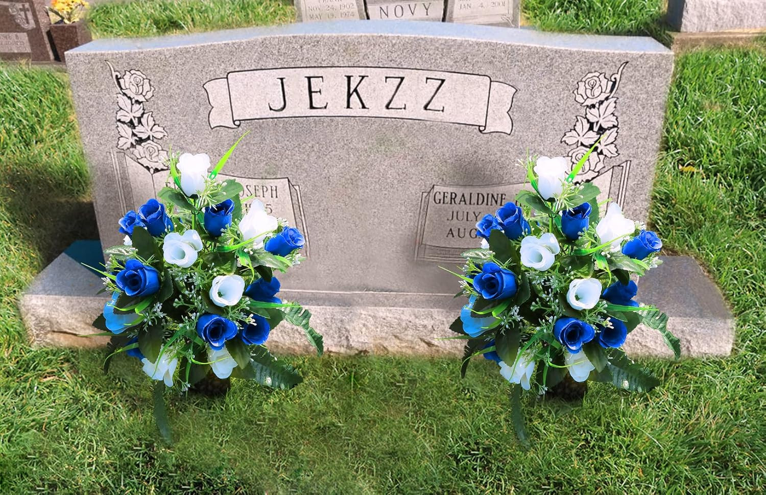 Elegant Artificial Cemetery Flowers with Vase – Lasting White & Dark Blue Bouque