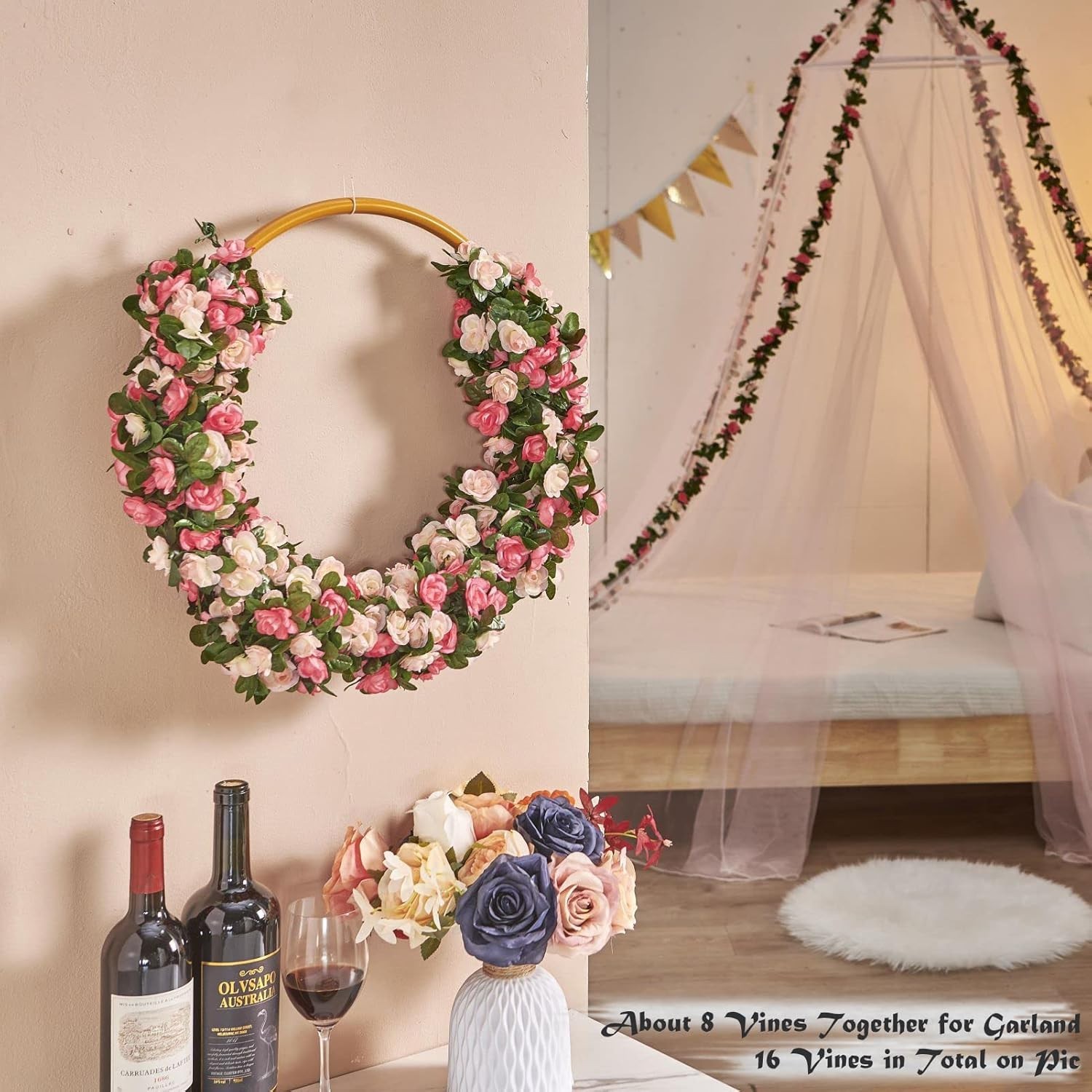Guirnalda de Rosas Artificiales 8 Pcs x 8.2 ft Flores de Seda Boda Jardin Decora