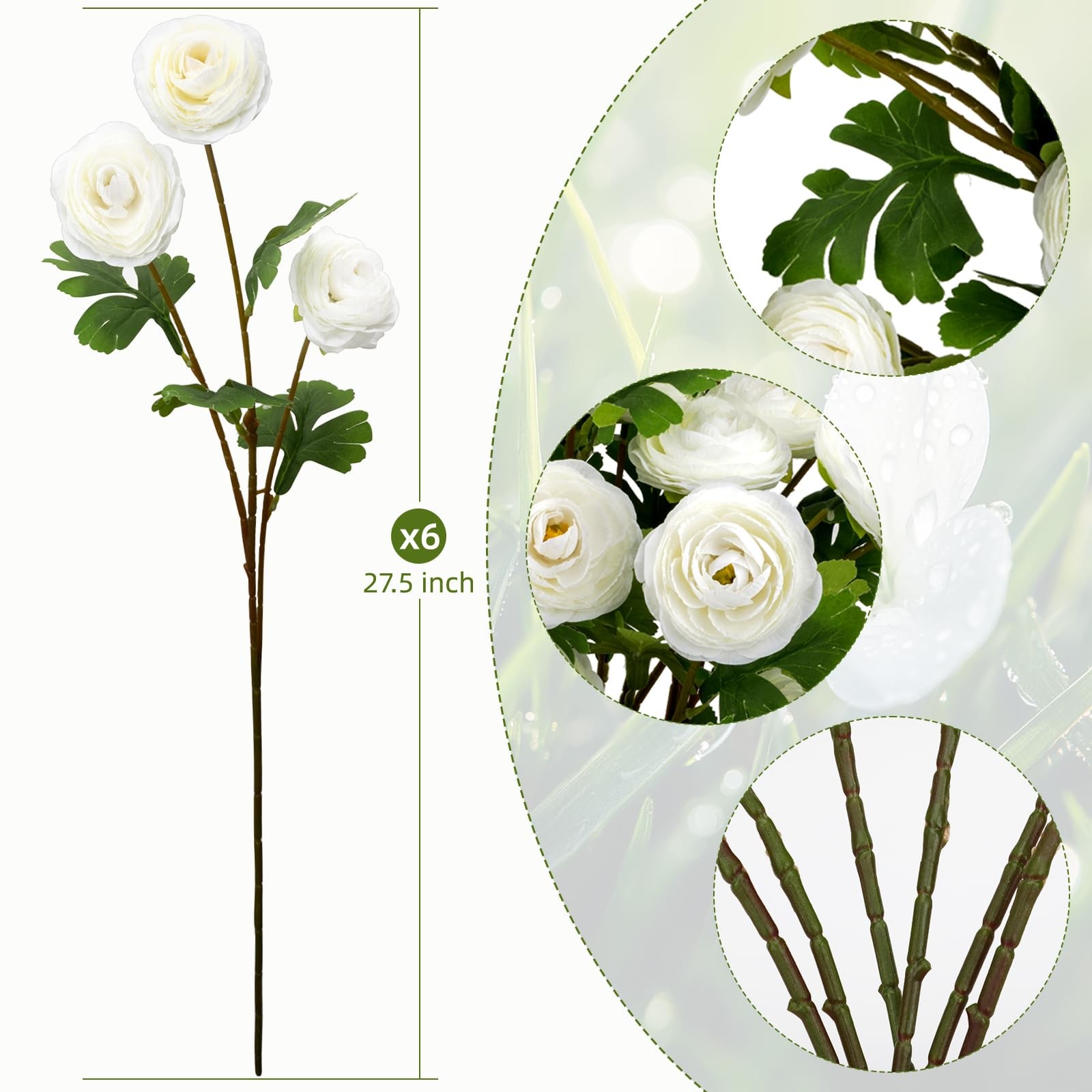 6 Pcs 27.5 Inch Ranunculus Artificial Flowers 18 Head White Faux Silk Decor