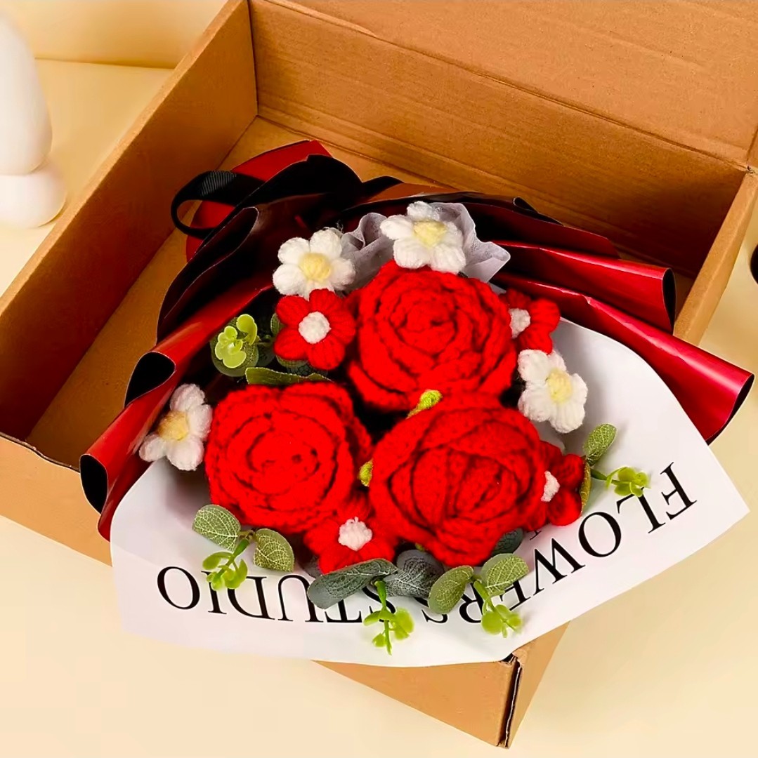 Handmade Crochet Red Rose Flowers Bouquet, Crochet Flower Bouquets for Mother’s
