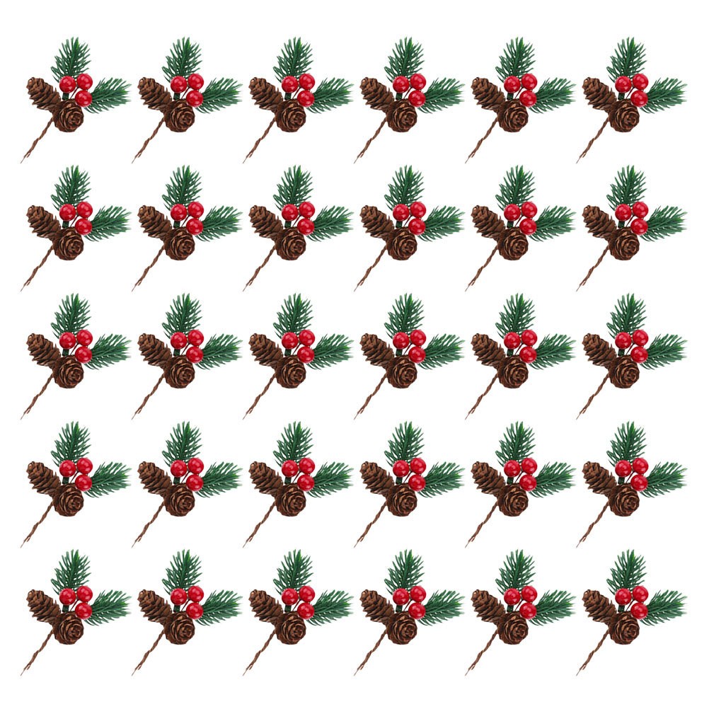30 Pcs Artificial Pine Branches Pine Cones And Red Berry Christmas Picks Decor