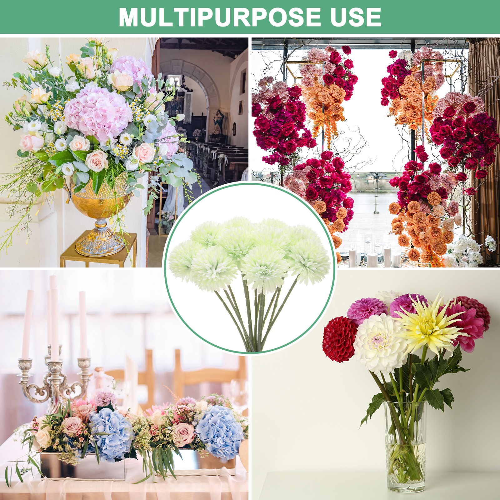 12-Pack Artificial Chrysanthemum Ball Flowers for Home Decor [Autumn Green]