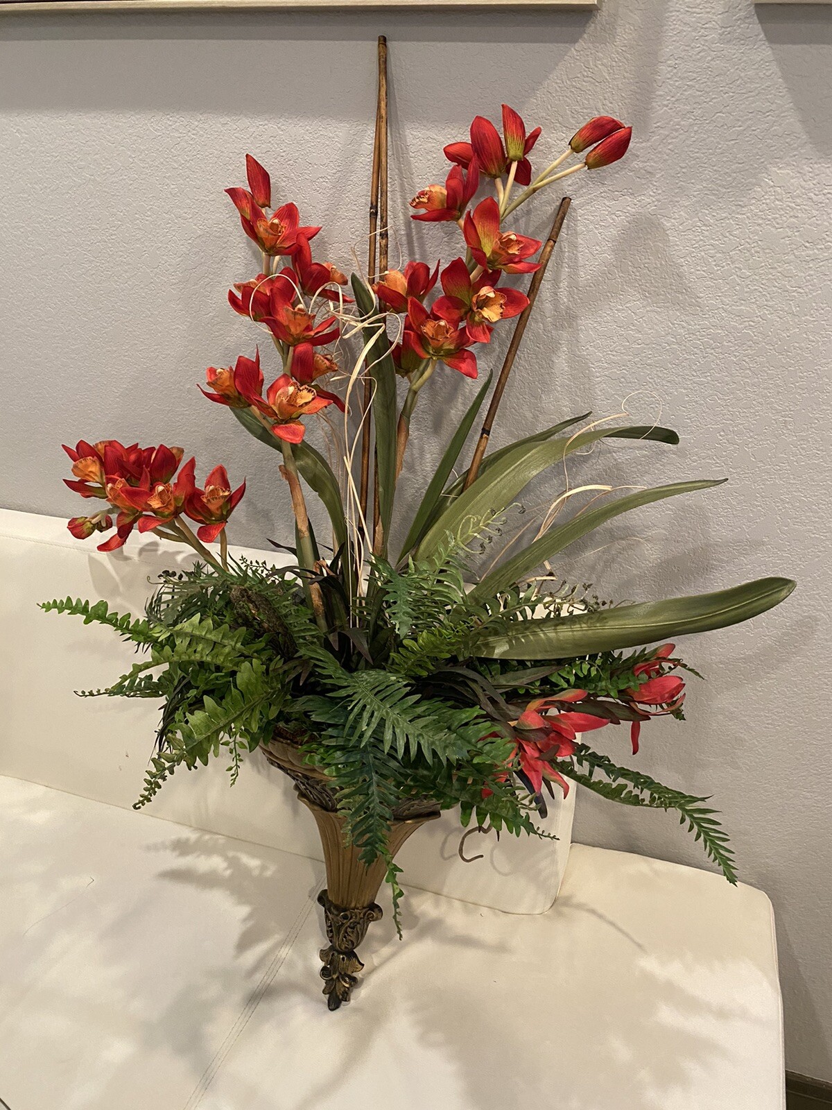 🔥X Large ⭐️Custom Tropical Silk Plant 🍃Red Orchid Flower🌺Floral In Gold Scone