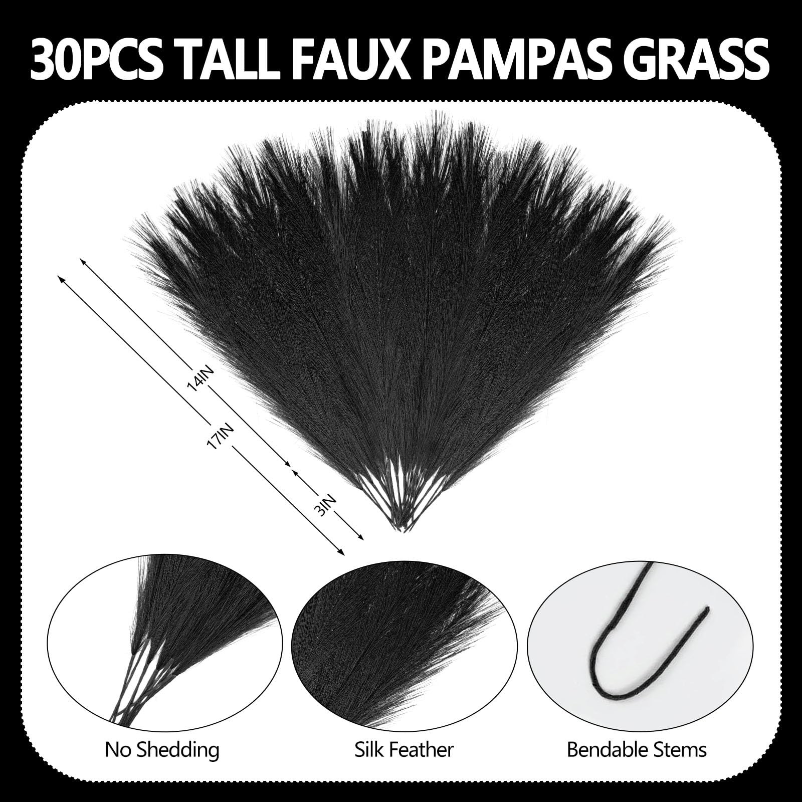 30 PCS 17 Inch Black Faux Pampas Grass Artificial Short Fluffy Pompas Vase