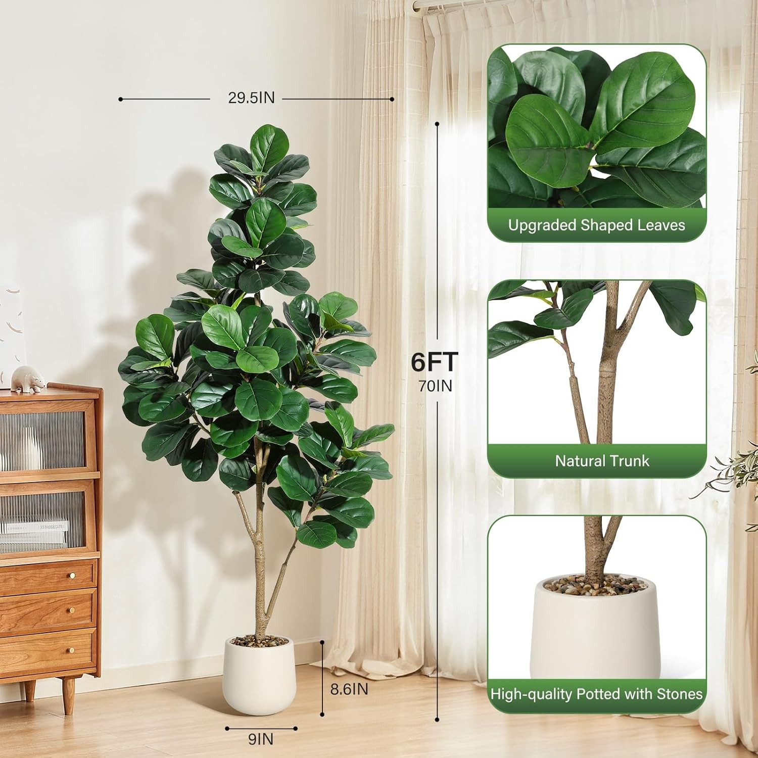 Artificial Fiddle Leaf Fig Tree 6FT Faux Ficus Plant Tree in White Planter Pot