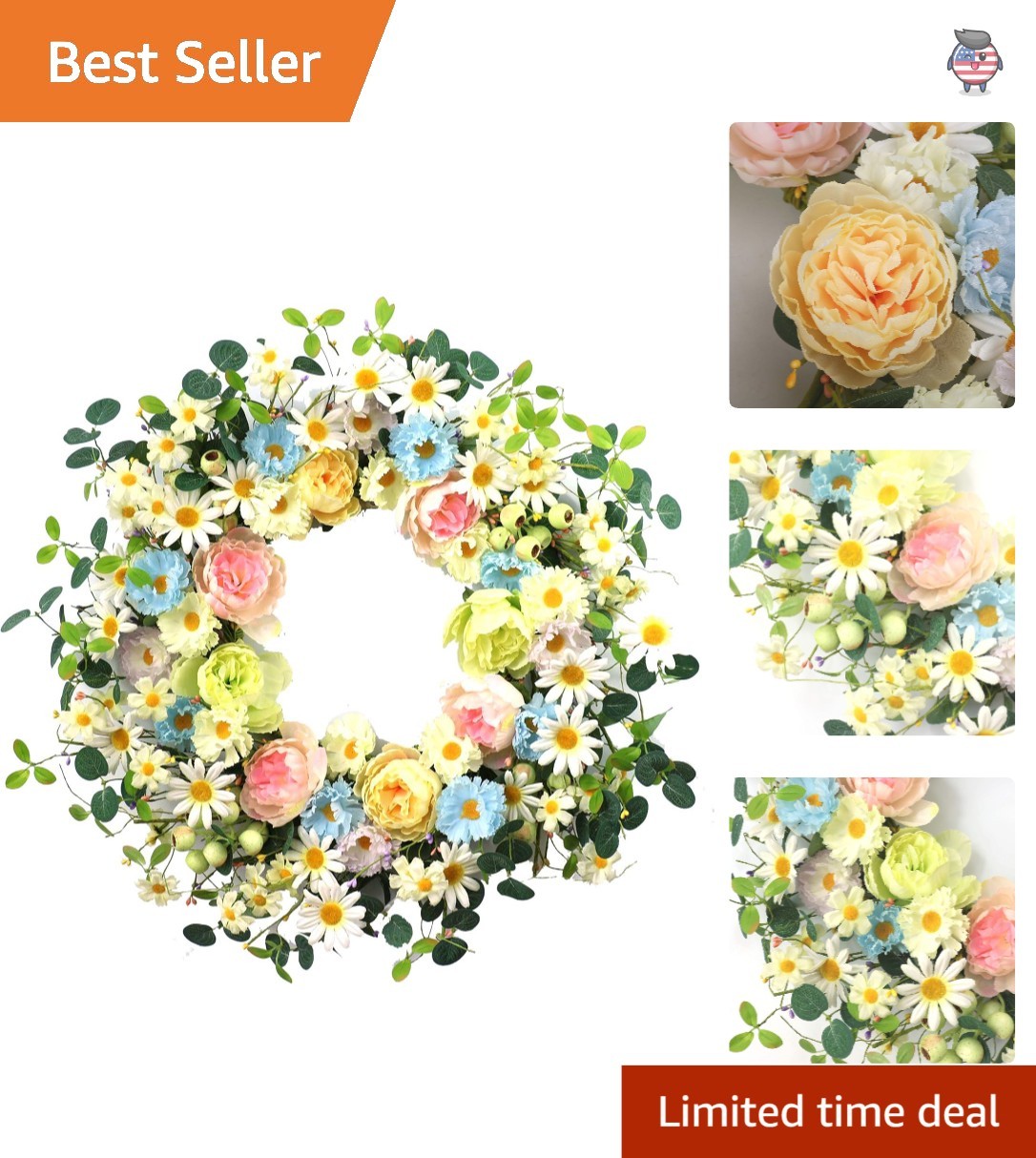 24″ Colorful Floral Wreath – Artificial Daisy & Rose for Spring/Summer Decor