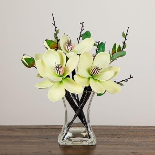 Nearly Natural 4534-WH Magnolia Arrangement with Vase,White