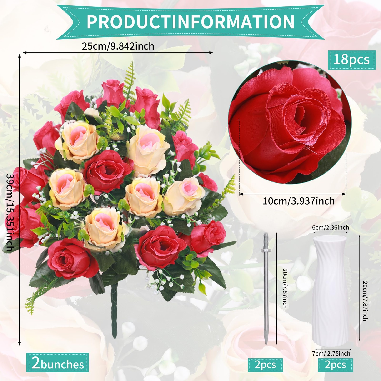 2 Sets Artificial Cemetery Flowers, Vase, Rose Bouquet, Red, Beige, Memorial