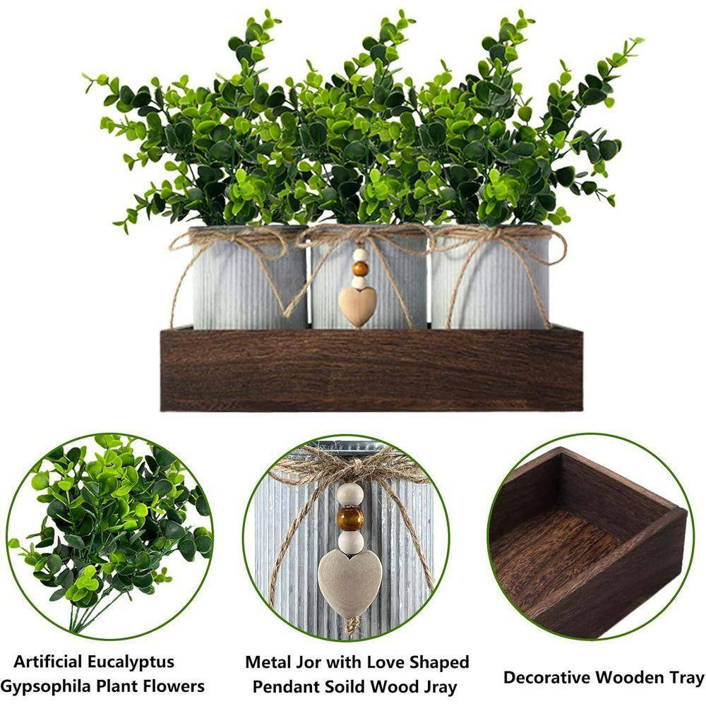 11 In. Green Indoor Artificial Eucalyptus in Silver Pot Set of 3