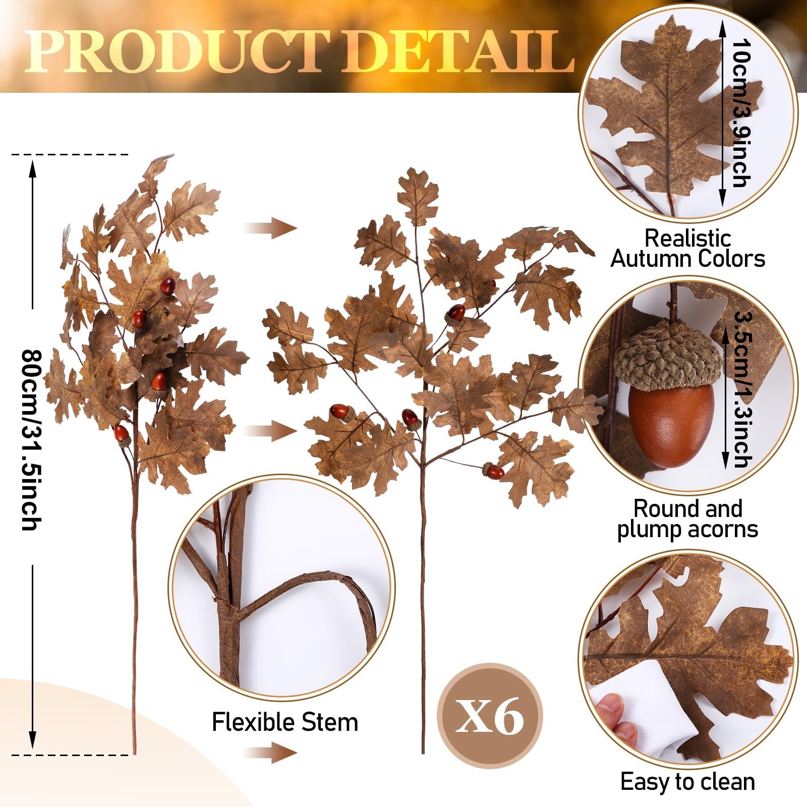 6 Pcs 32 Inch Autumn Thanksgiving Artificial Oak Branch Faux Oak Leave Fall B…