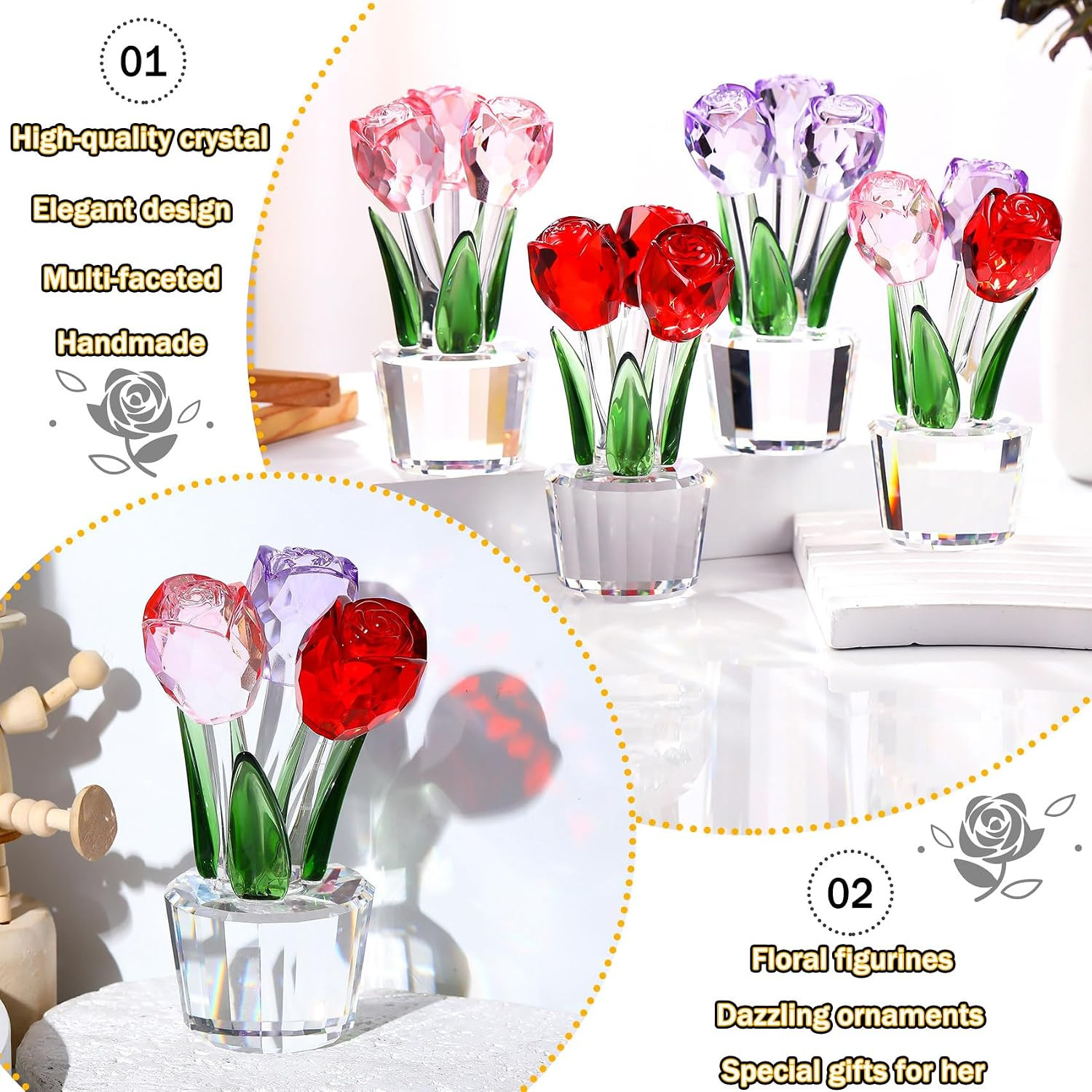 Crystal Rose Figurine 3 Roses Red Purple Pink K9 Crystal Gift Box for Women