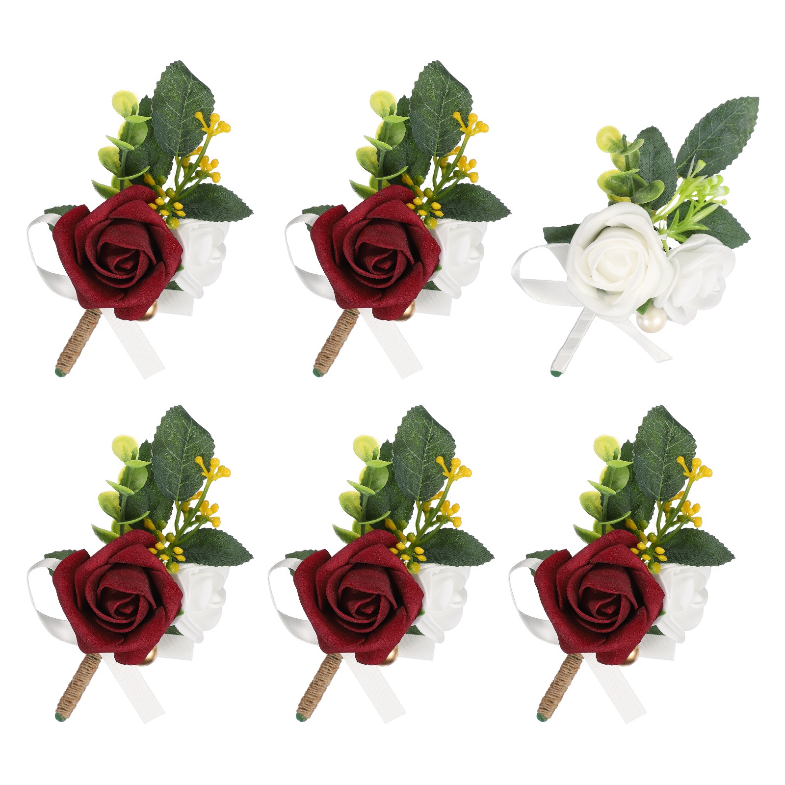 Mens Boutonnieres for Weddings, 6 Pcs Rose Boutonnieres, White/Burgundy