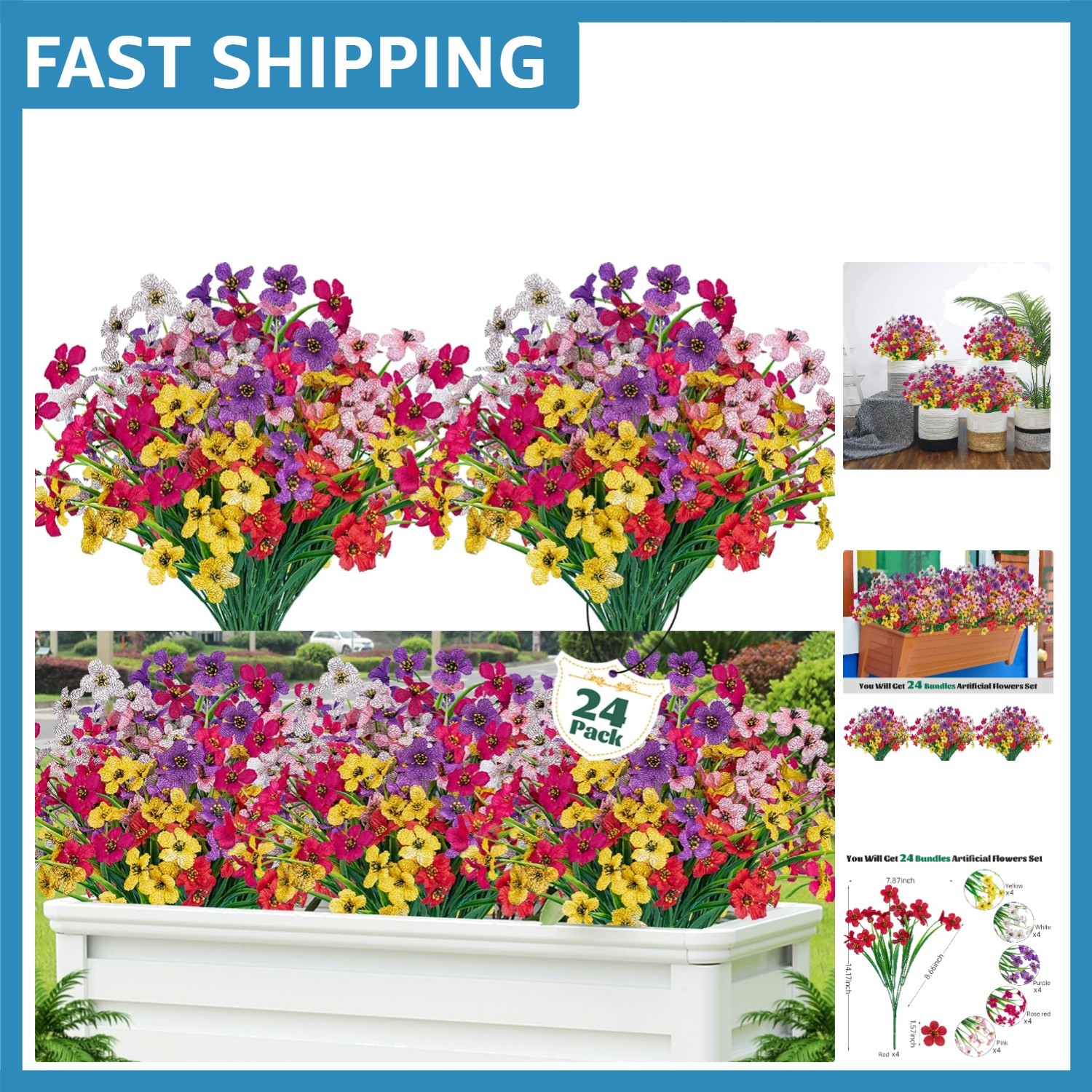 Colorful 24 Pcs UV Resistant Artificial Flowers for Weddings & Home Decoration