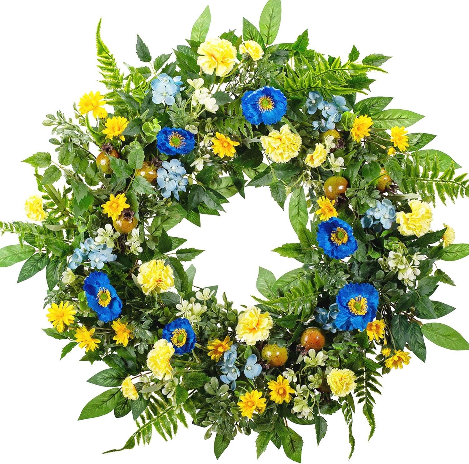 24-Inch Spring & Summer Flower Wreath – Blue & Yellow Elegance for Front Door