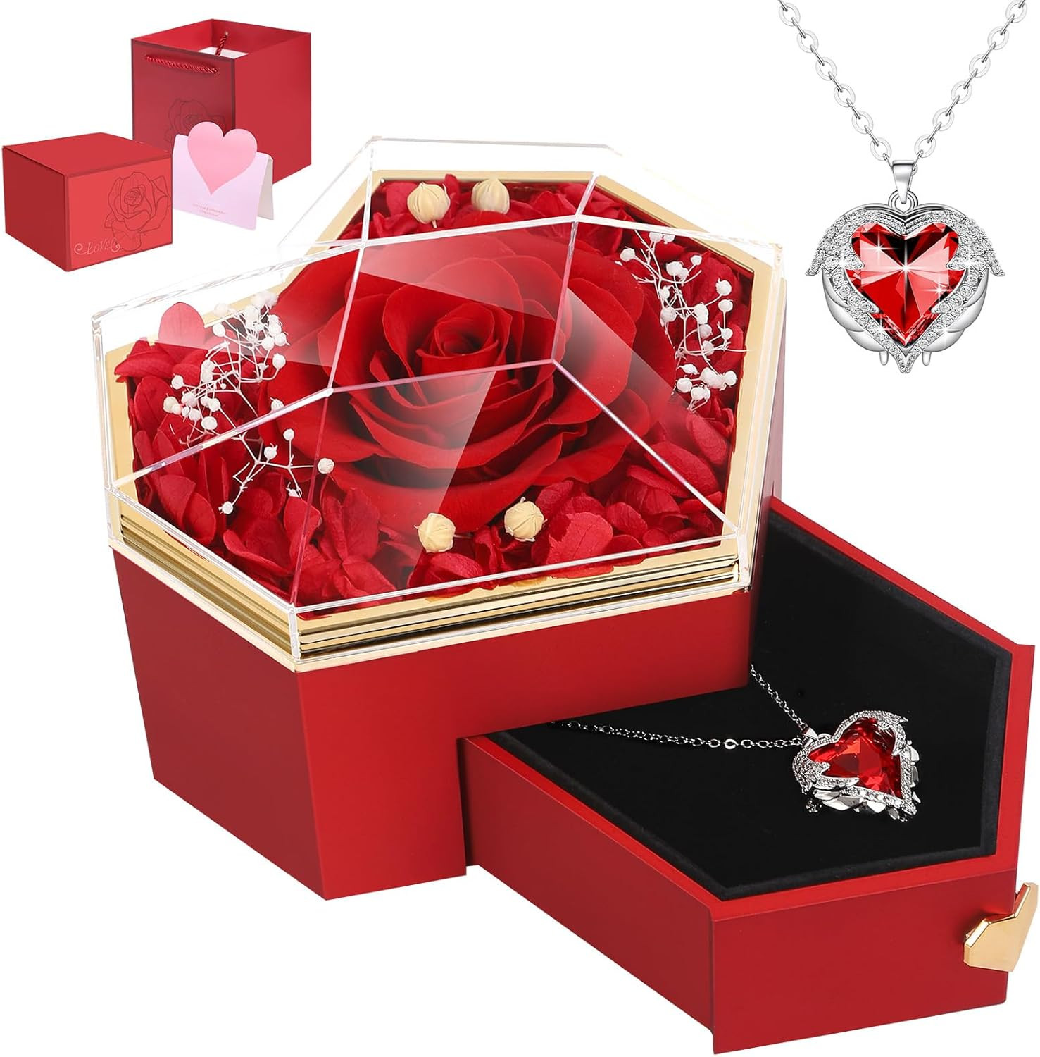 Preserved Red Rose with Necklace Diamond Box Valentines Gift for Her Women
