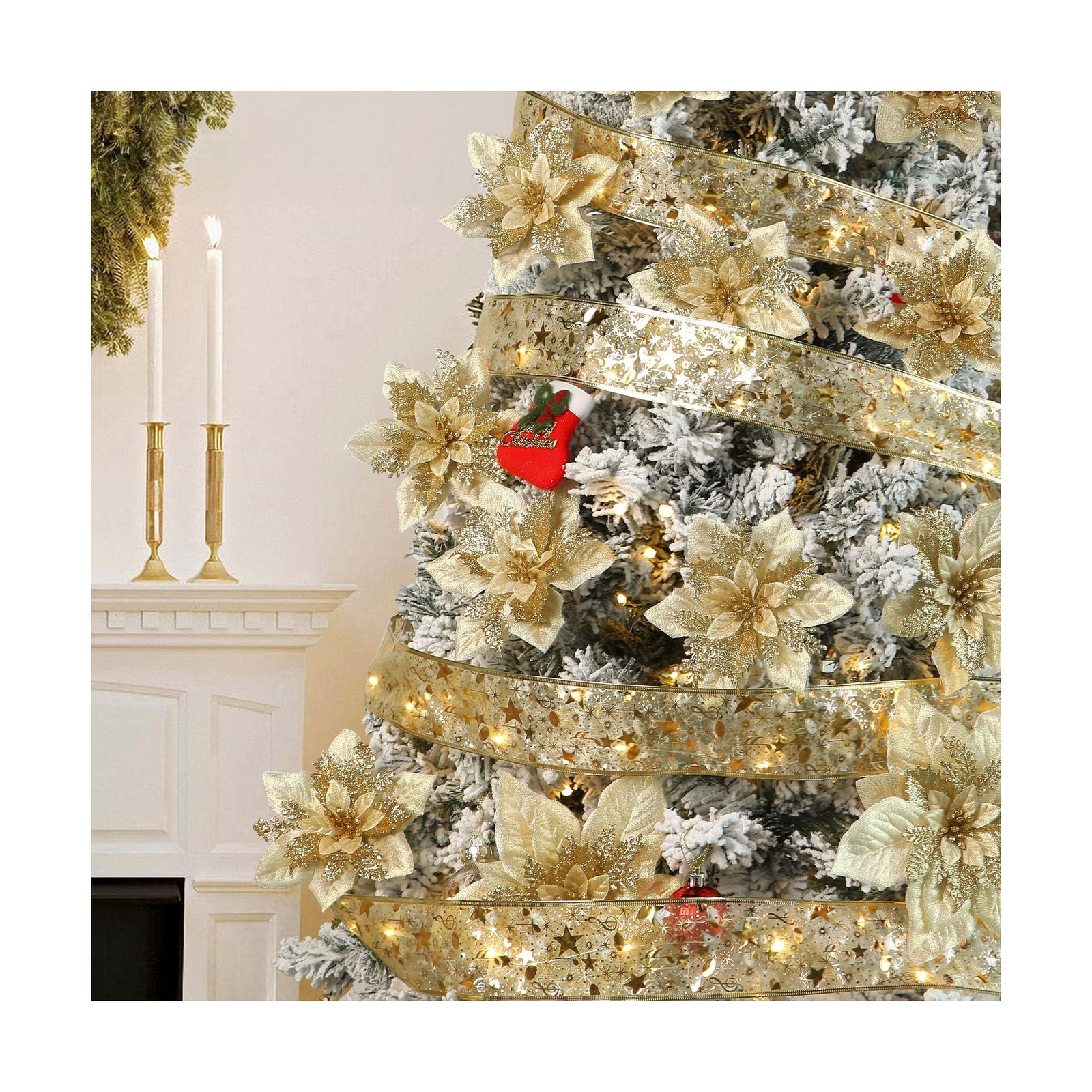 Alupssuc 24 Pcs 6″&9″ Large Size Poinsettia Artificial Christmas Flowers Deco…