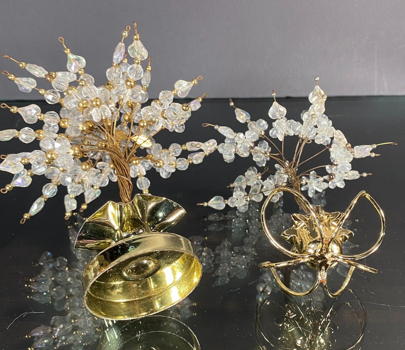 Vintage Twisted Wire Acrylic Beads Hearts Bonsai Money Luck Trees in Brass Pots